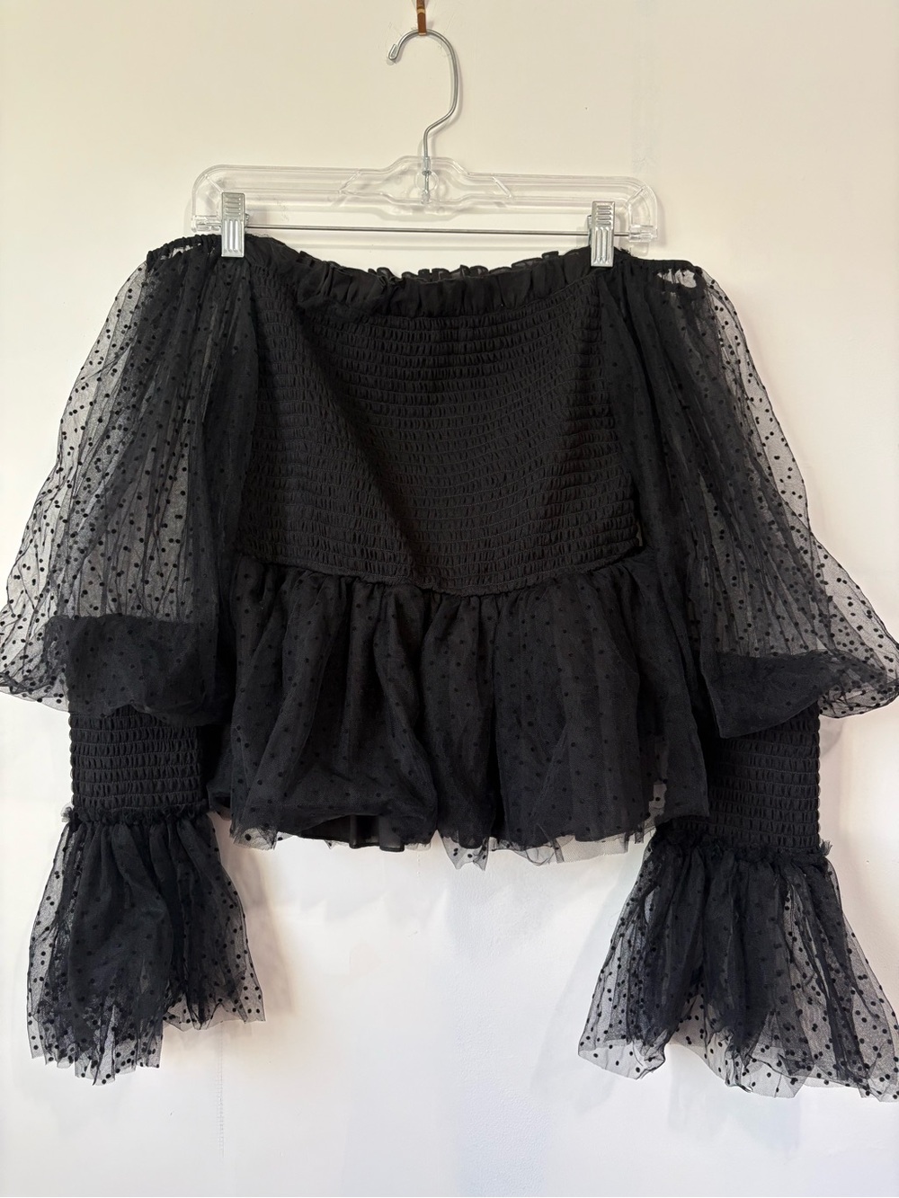 AKIRA Black Sheer Polka Dot Off-Shoulder Ruffle Blouse